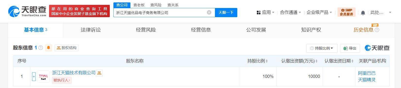 天猫在浙江成立天猫优品电商公司 注册资本1亿