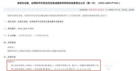 某单位8000多万元项目结果变更！北明软件被废！浪潮软件意外中标